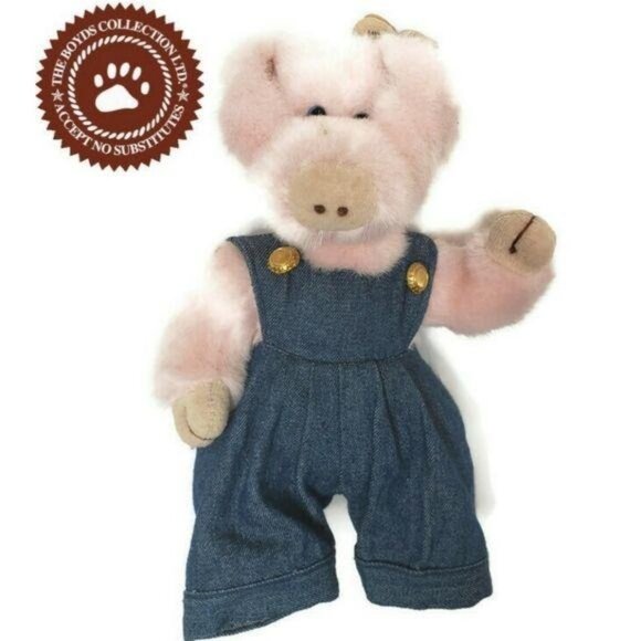 Boyds Ty Penelope Pig Plush Collectible Toy With Denim Overalls Style 6036 8" - Picture 1 of 5